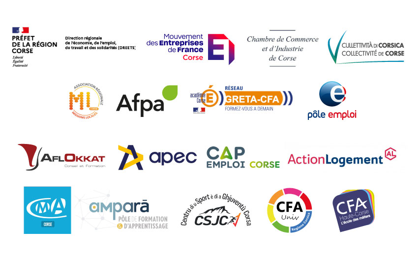 Les partenaires sont le MEDEF, la CCI Corse, la Cullettivitta di Corsica, les Missions Locales Corse, l'AFPA Corse, le GRETA Corse, Aflokkat, l'APEC Corse, Amparà, le CSJC, le CFA Universitaire Corse, CFA Haute-Corse